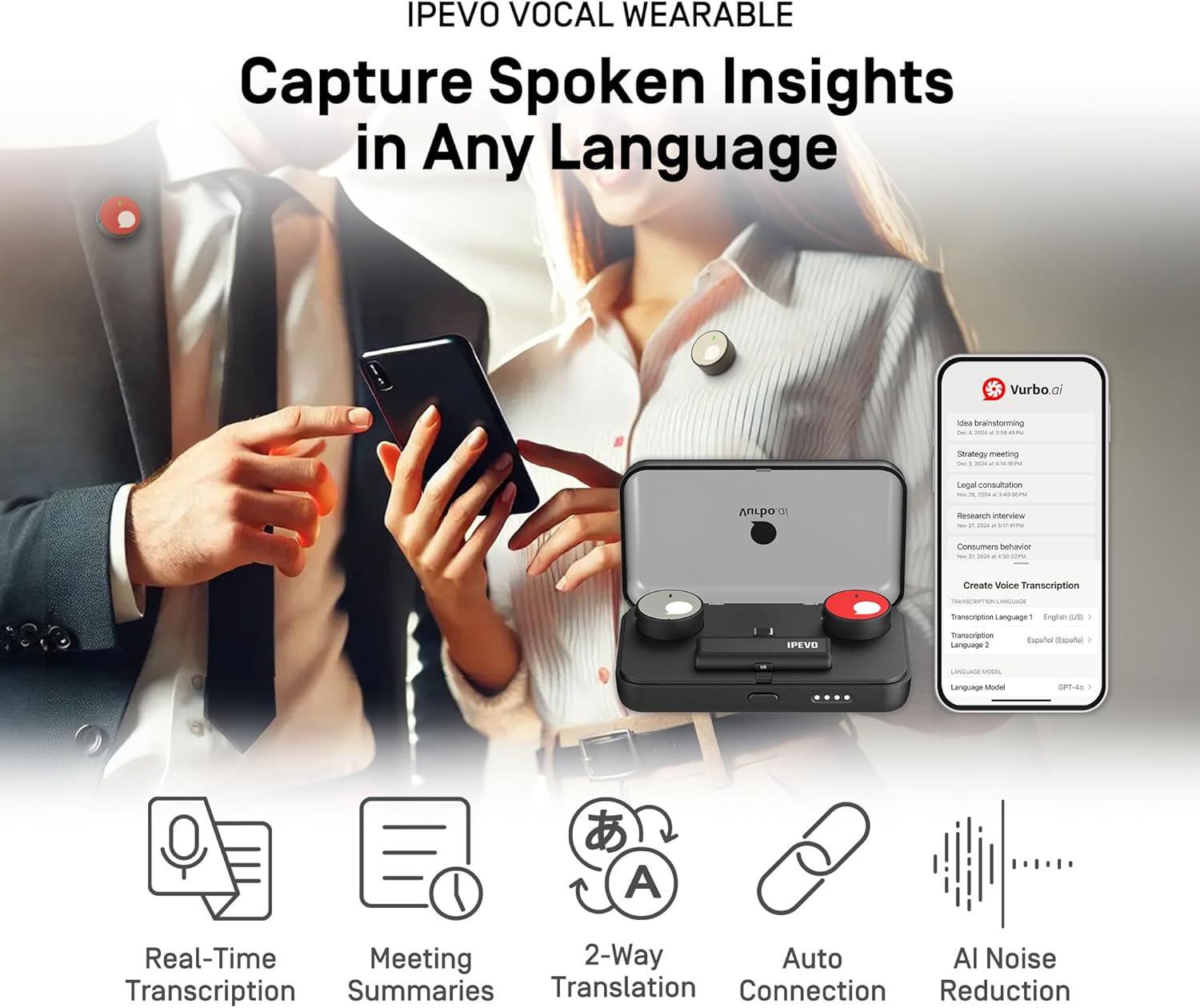 IPEVO VOCAL WEARABLE Wireless Lavalier Microphone with Charging Case + Software, Plug-Play, AI Real-Time Notetaker, Summarize, Translate (90+ Languages), Voice Recorder for Lectures, Meetings, Seminas