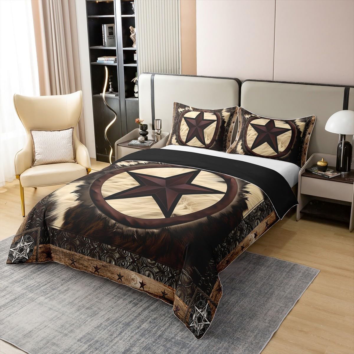 Erosebridal 100% Natural Cotton Rustic Cow Print Duvet Cover Full,Vintage Western Texas Star Bedding Set for Women Men,Cowhide Bull Cattle Fur Comforter Cover,Farm Animal Bed Sets with 2 Pillow Shams