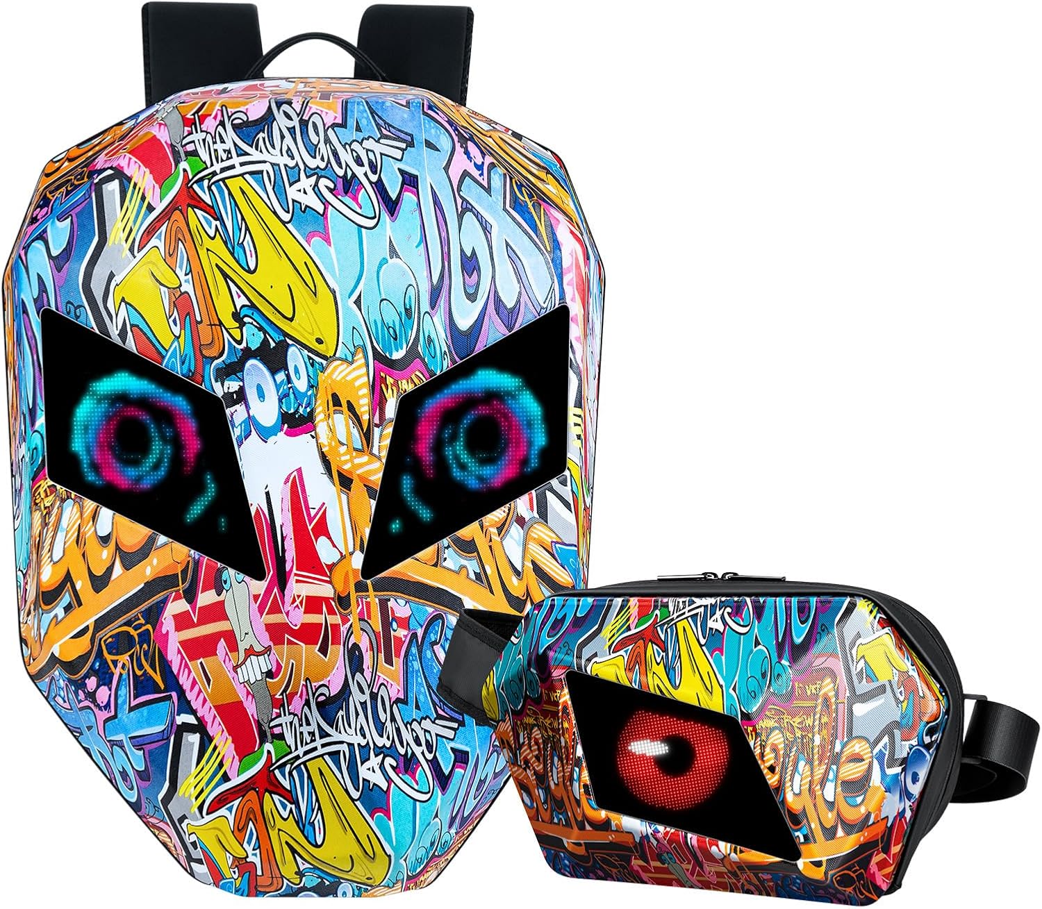 Gelrova [Batteries not included] Graffiti Style 2-in-1 Hardshell LED Backpack Set: Knight Motorcycle Backpack and Devil Eye Crossbody Bag, Graffiti