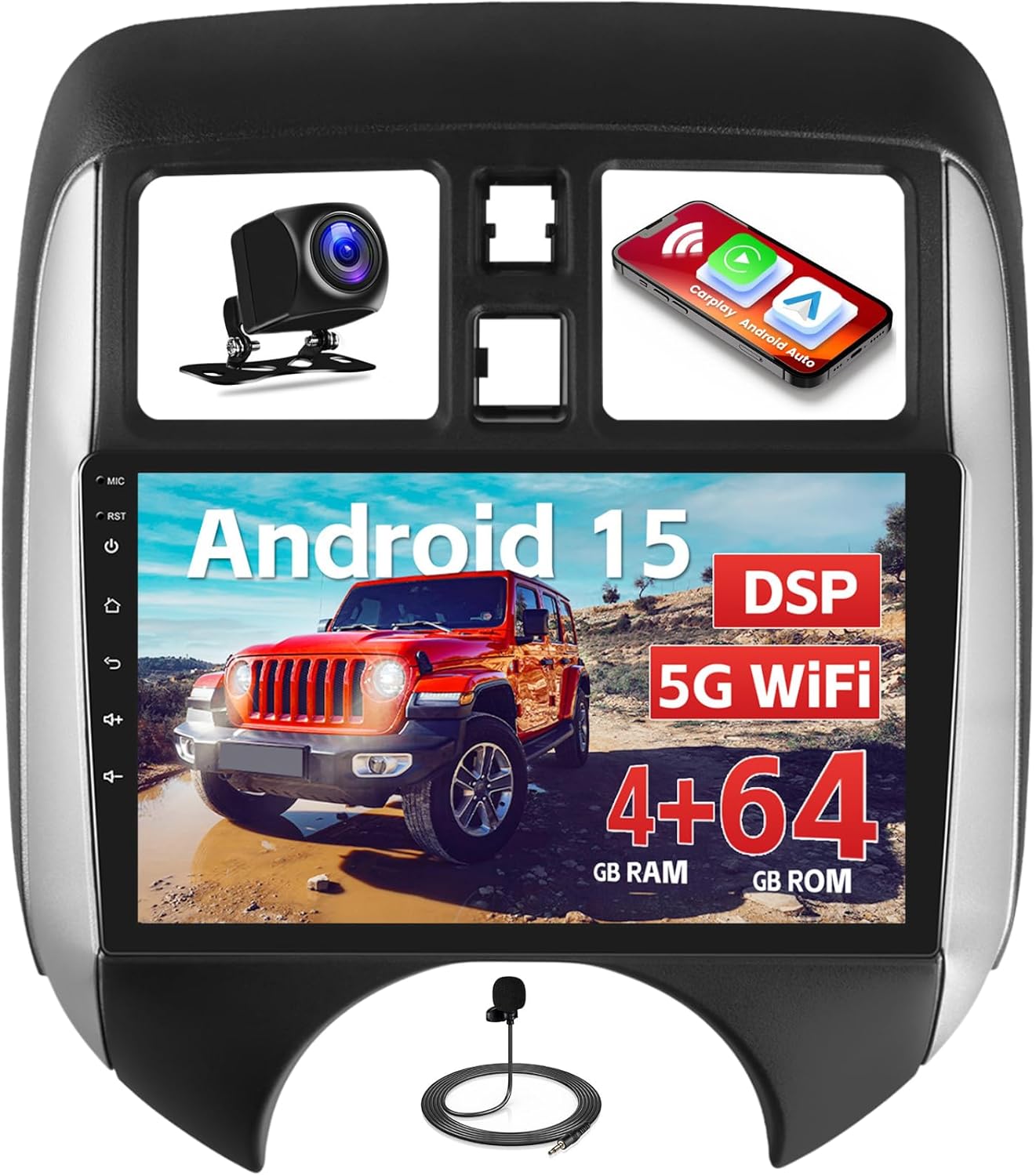 DSP Android 15 Car Stereo for Nissan Versa Note 2014 2015 2016, [4+64G] Hikity 9'' IPS Touchscreen Radio Wireless Carplay Android Auto Bluetooth Mirror Link GPS SWC 5G WiFi FM/RDS/32EQ Backup Cam