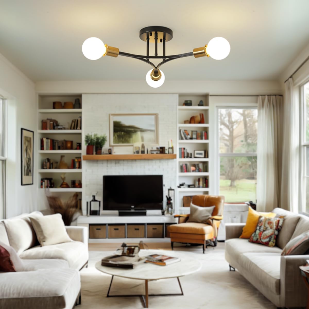 3-Lights Modern Sputnik Semi Flush Mount Ceiling Light Fixture Black and Gold,Mid Centur Sputnik Chandelier for Entryway,Hallway,Bedroom,Kitchen,Dining Room,Living Room(Bulbs Not Included)