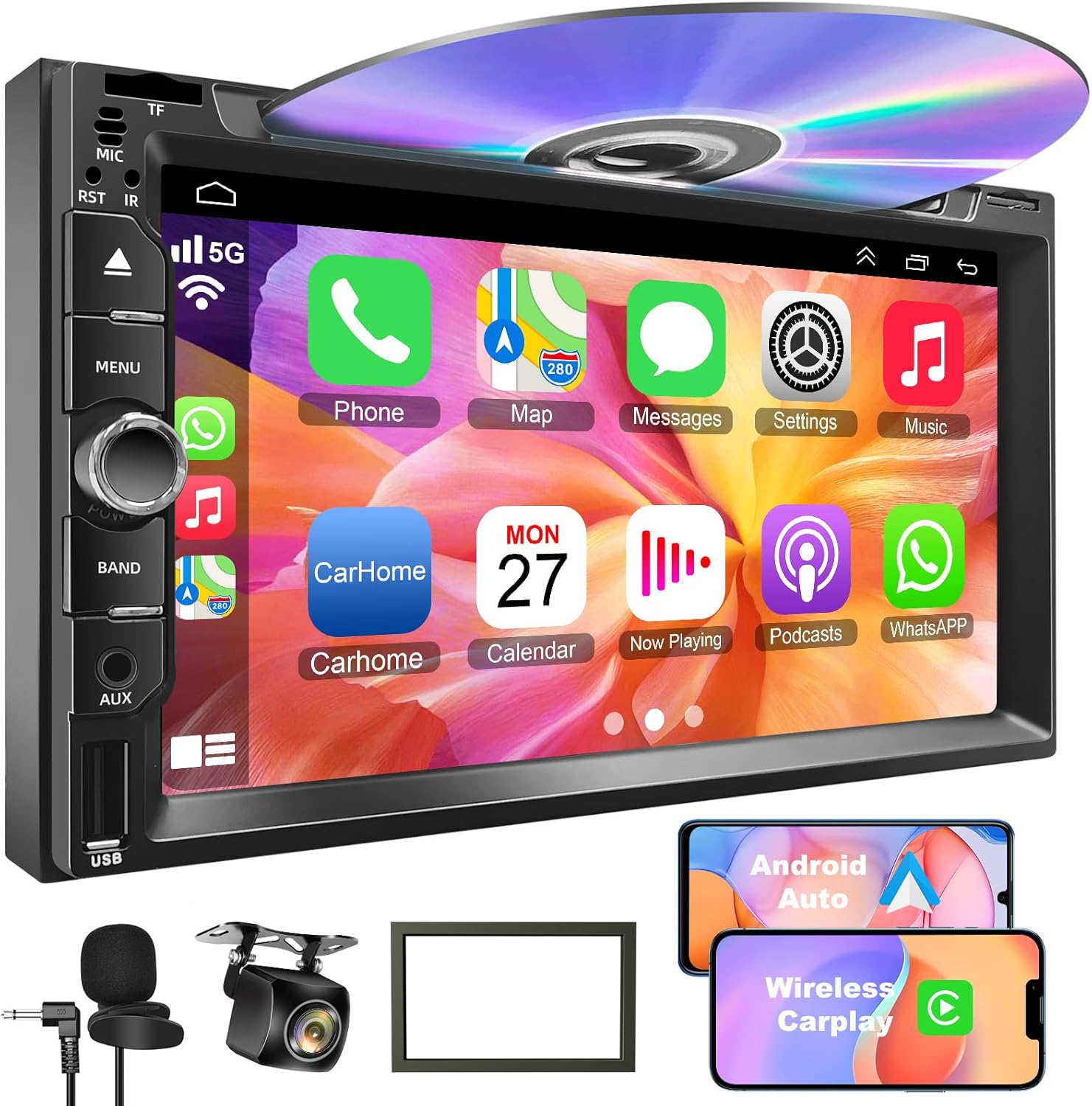 Double Din Car Stereo with CD/DVD Player, 7-Inch Touch Screen, Bluetooth 5.2, CarPlay/Android Auto, Backup Camera, USB/TF Card Slots, FM Radio, AUX Input.