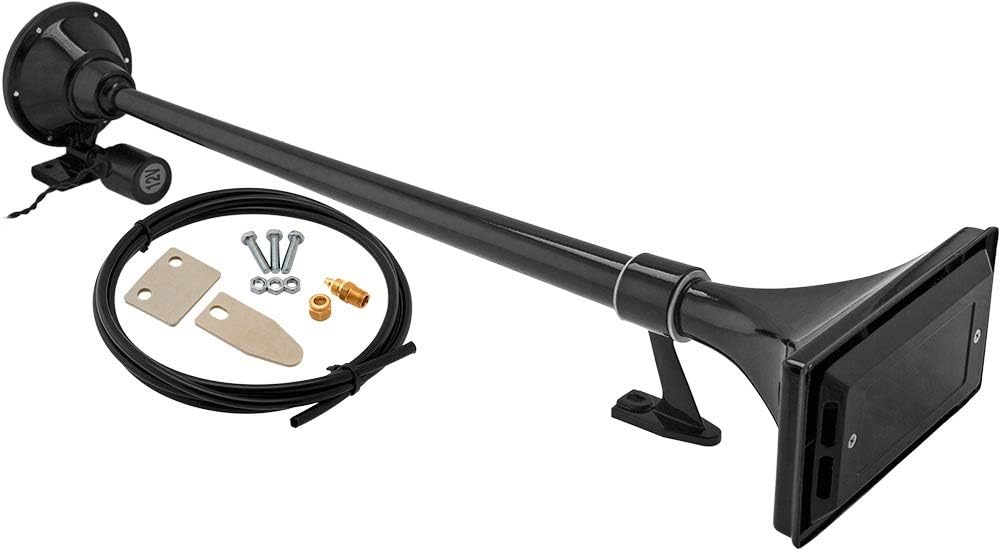 Vixen Horns Train Horn for Boat/Truck/Car. Air Horn Waterproof Black Single Trumpet (Large) + Cover. Super Loud dB. Marine Grade Finish. Fits 12v Vehicles like Semi/Pickup/Jeep/SUV VXH1167B