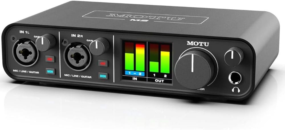 MOTU M2 2x2 USB-C Audio Interface Bundle w/Samson SRH350 Over-Ear Stereo Headphones, 2-Pack Pig Hog PHM10 8mm XLR Mic Cable and Liquid Audio Polishing Cloth