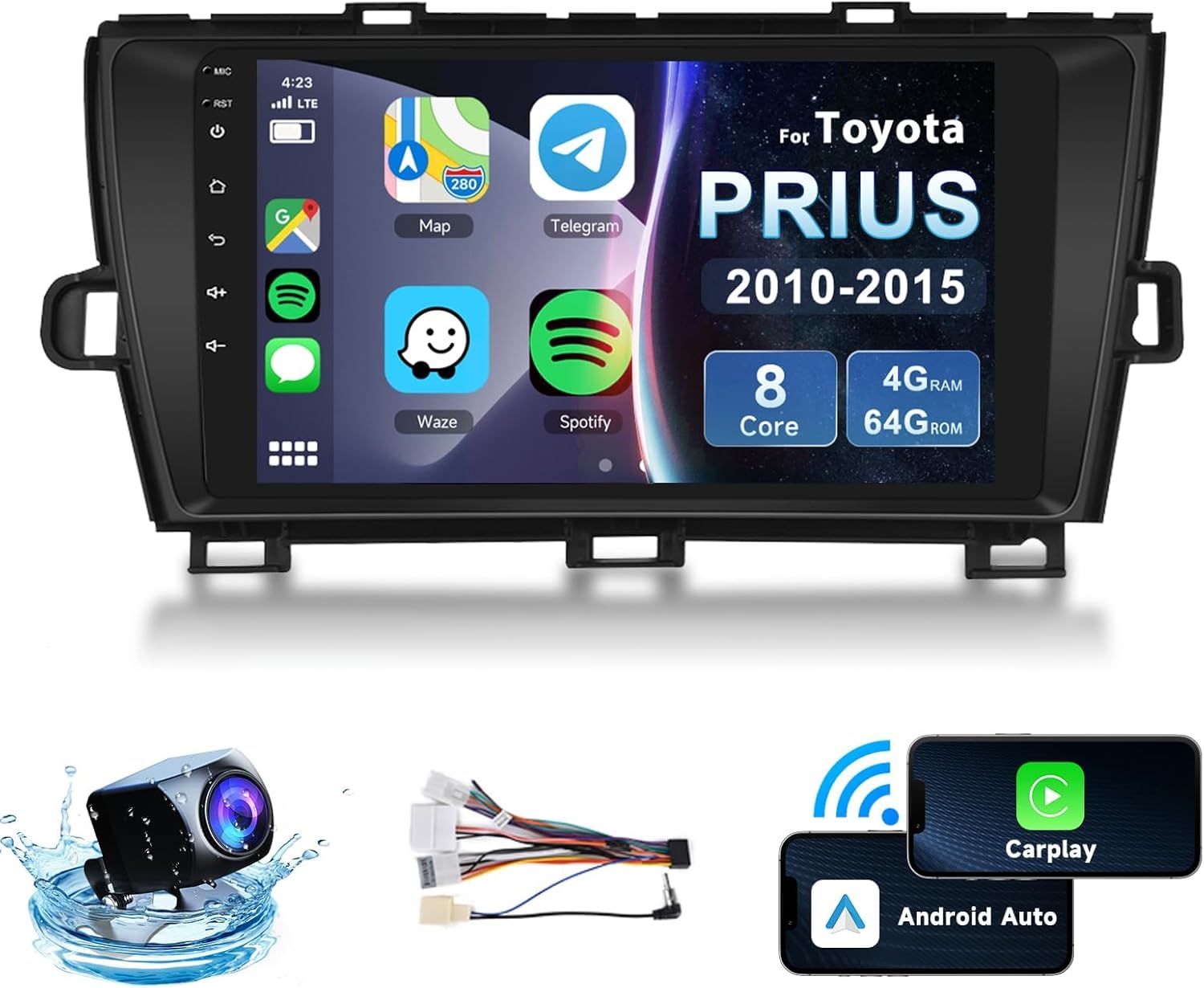 8 Core 4G+64G Car Radio for Toyota Prius 2010 2011 2012 2013 2014 2015, Wireless Carplay Android Auto Car Stereo, 9 Inch IPS Touchscreen with WiFi, GPS, Bluetooth,FM/RDS, 32EQ DSP, Rear Camera
