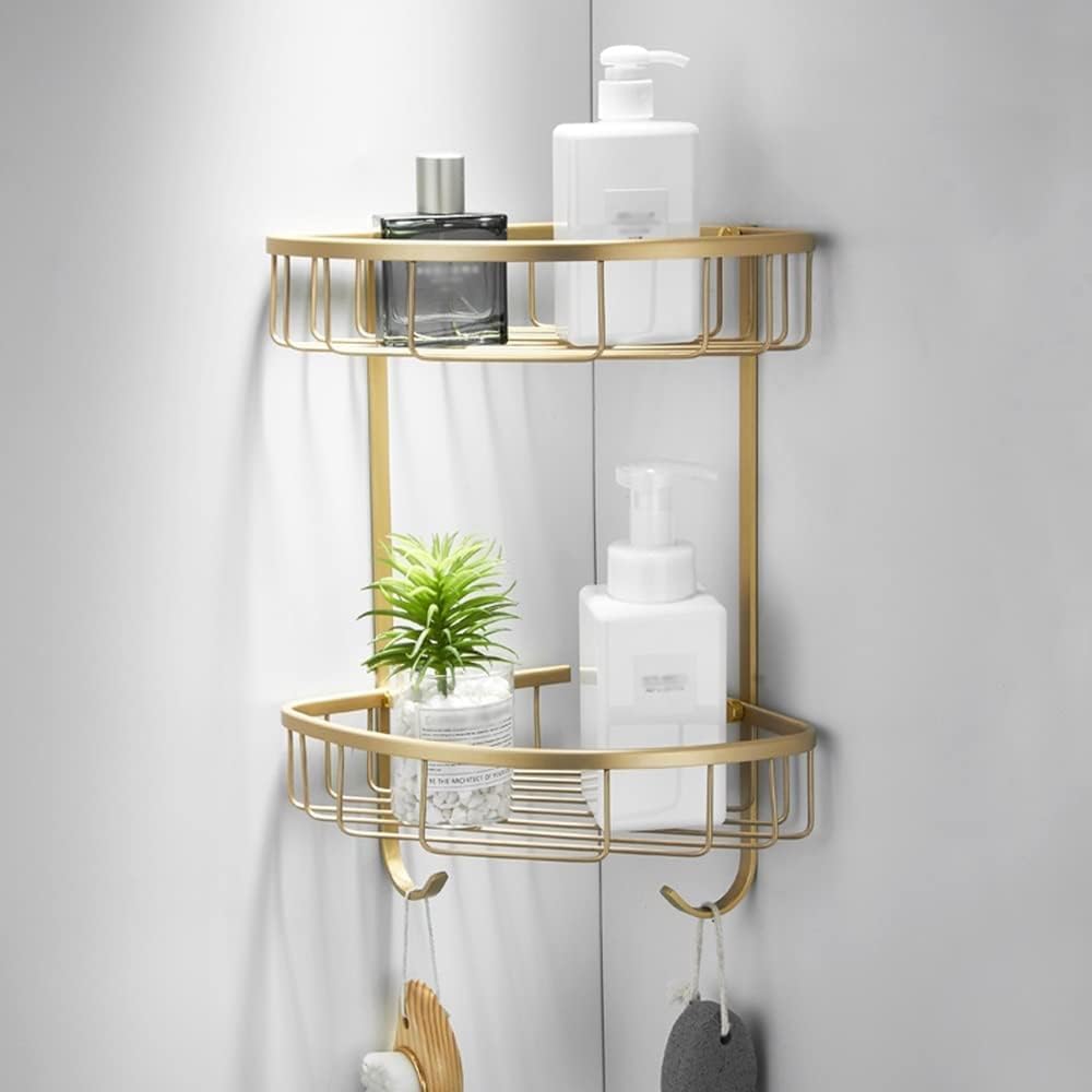 Shower Corner Shelf Brushed Gold Floating Shelves Bathroom Shelves Wall Mount Shampoo Towel Shelf Double Tier Bathroom Accessories Shelves-Stile 2