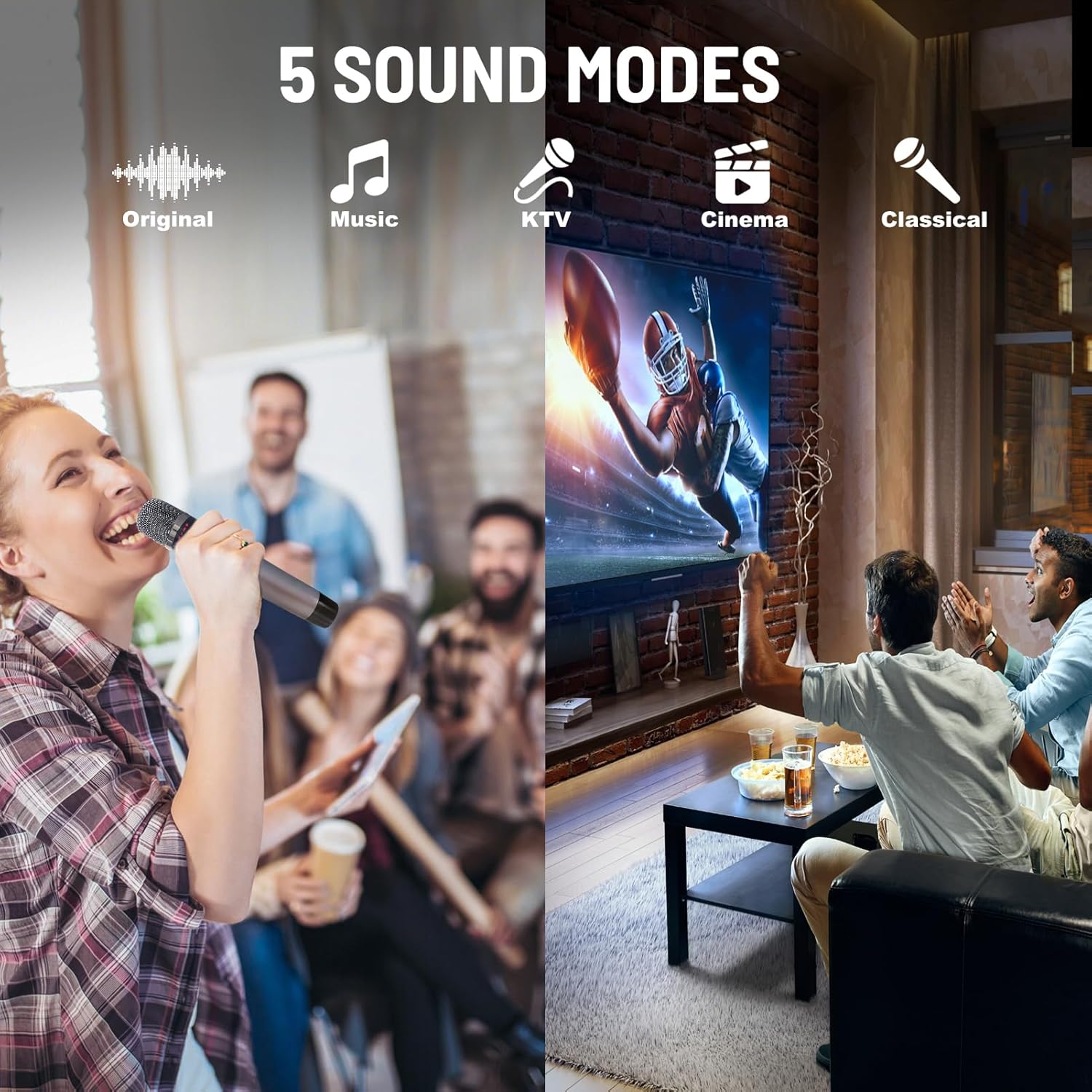 RHM K222 Karaoke Machine, Connect to TV via Optical or Bluetooth, with Powerful Sound, Deep Bass, 2 UHF Wireless Mics & 5 Music Modes, Support AUX/USB/PC, Wooden Karaoke Speaker for Home Party