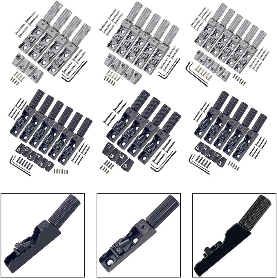 4/5/6 String Bass Headless Bridge Set Fixed Single String Bridge for Electric Bass Guitar Parts Accessories Zinc Alloy Silver with Installation Tools(Black 5PCS)