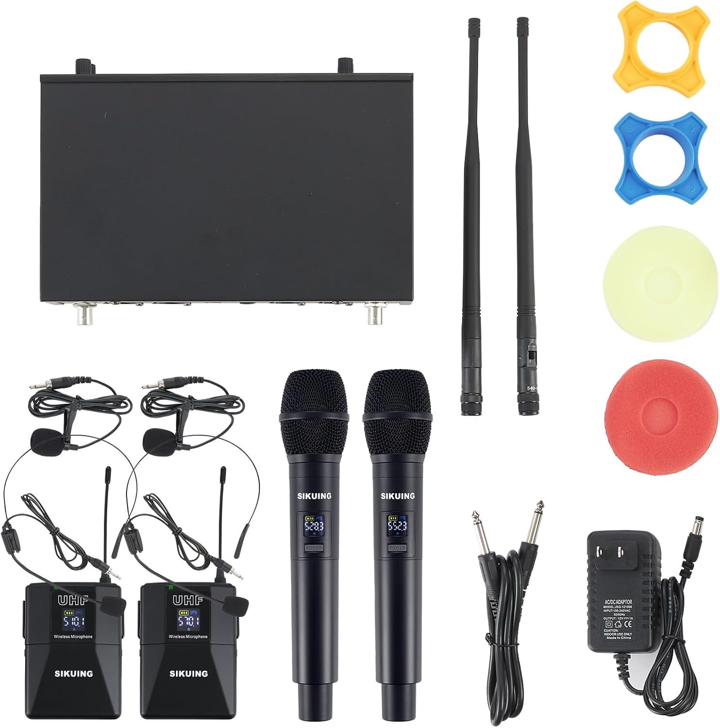 4 Channel UHF Wireless Microphone System with Lavalier Headset Mics, 4x50 Adjustable Frequencies, Ideal for Karaoke Meeting Church, 300ft Range (2 Handheld 2 Bodypack)