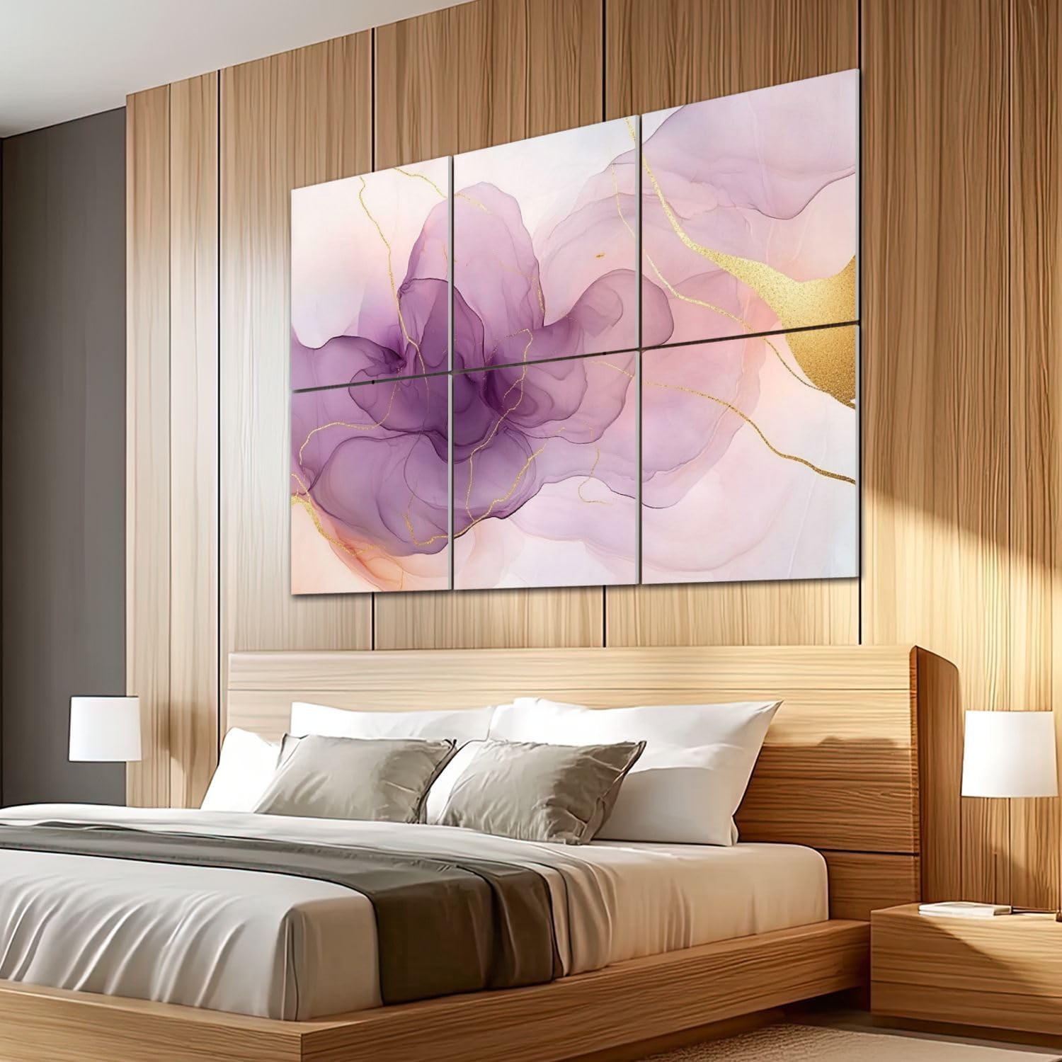 6 Pack Art Acoustic Panels Sound Absorbing White Marble Abstract Art Purple Swirls Gold Accents Delicate Lines Decorative Soundproof Wall Panels Self Adhesive for Recording Studios Office 72