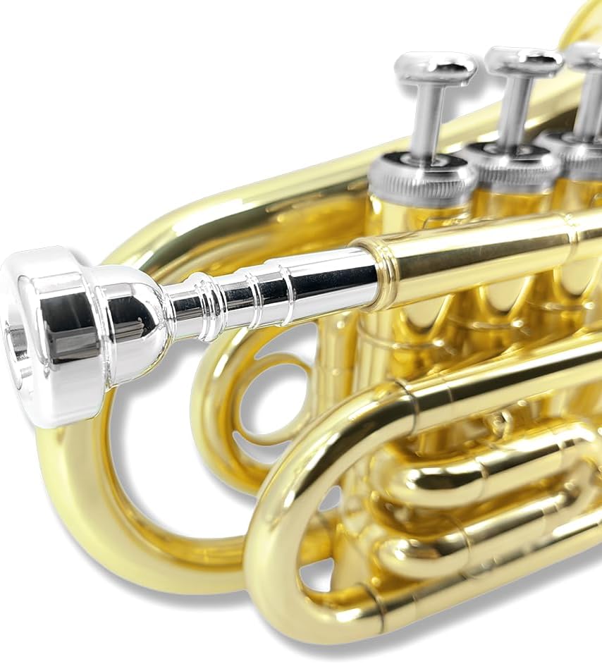 Brass Pocket Trumpet Bb Key Nickel Plated with Mouthpiece 7C, Cleaning Kit, Carrying Case, Gloves for Beginners/Students (Golden)
