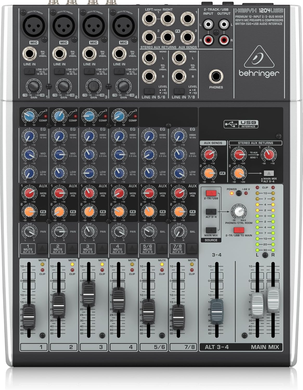Behringer XENYX 1204USB Premium 12-Input 2/2-Bus Mixer with XENYX Mic Preamps and Compressors, British EQ and USB/Audio Interface