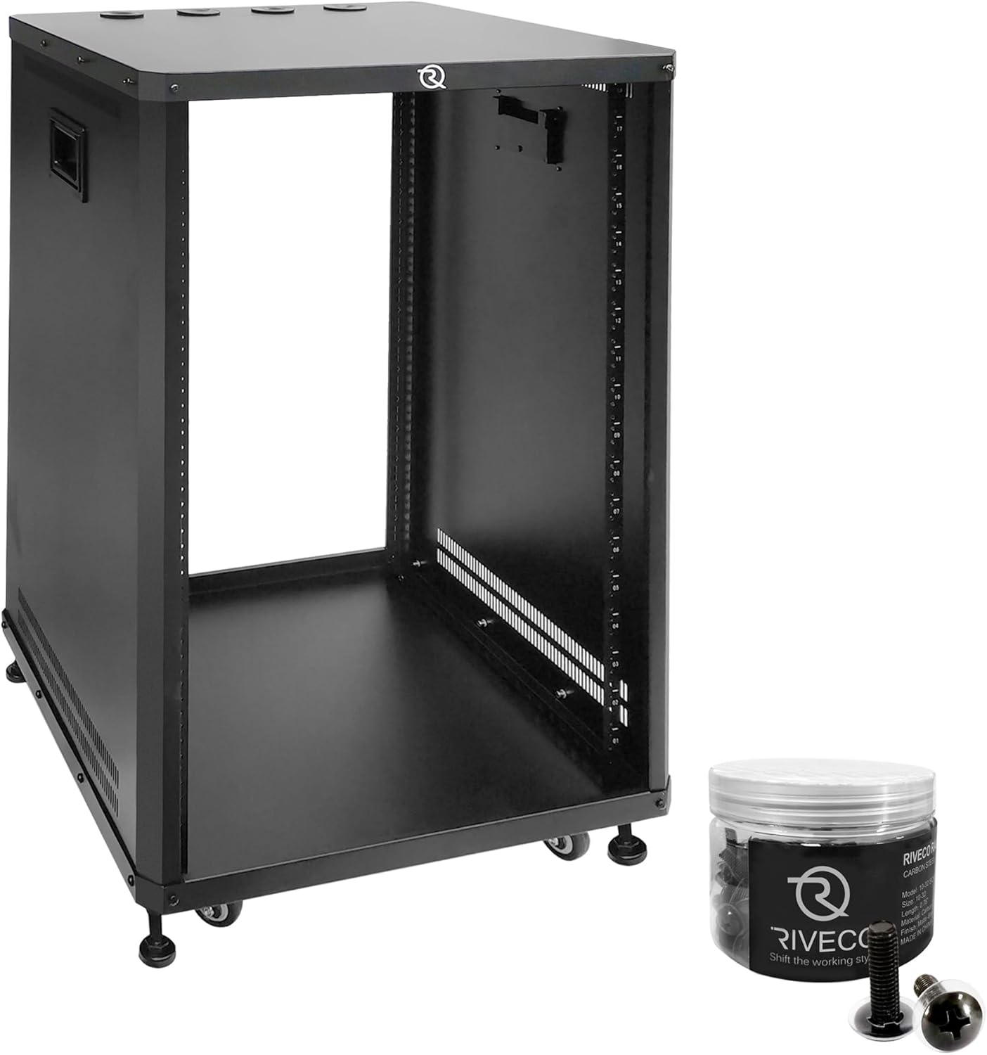 RIVECO 18U Stereo & Server Rack with Caster Wheels, Rolling Network Cabinet, Open Frame Rack for 19 inches Audio Video Music Recording & IT Equipment, Obtuse Angel & 10-32 Screws 100 PCS
