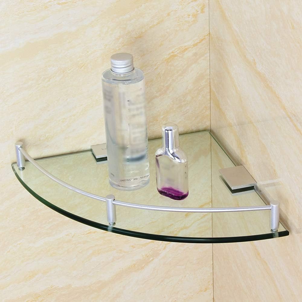 Glass Shelf Bathroom, Corner Shelf with Rails Wall Mount Silver Finish,20CM /25CM /28CM,Floating Shelf,25CM