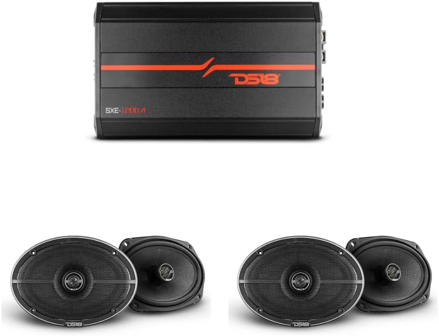 DS18 Car Audio Upgrade Bundle - 4X Coaxial Speakers 6x9 with Amplifier Full Range 4-Channel, Compact Amp with 4X 6x9 Speakers for Car Audio Sound System