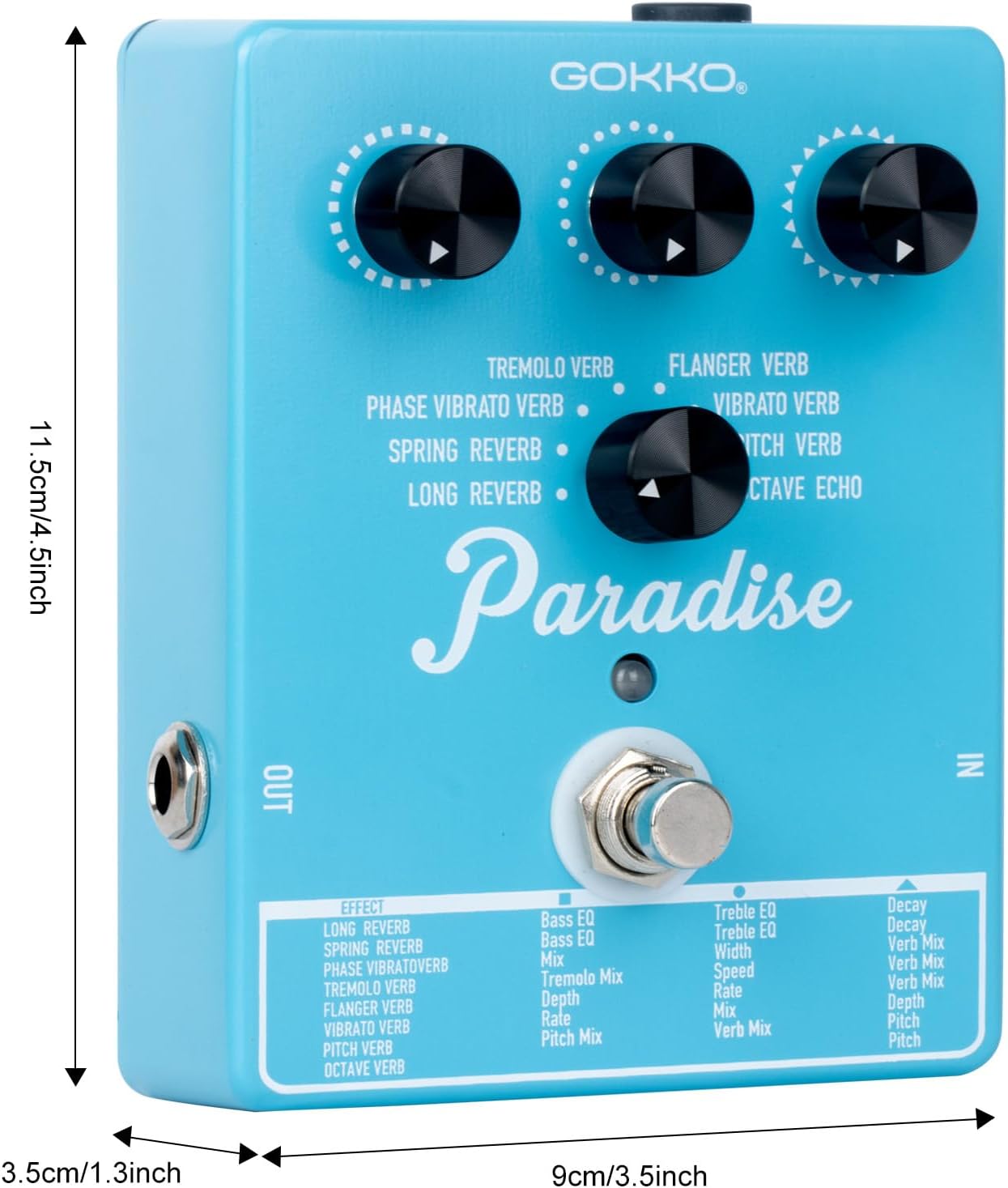 Paradise Multi-Reverb Pedal - 8 Reverb Effects with EQ & Modulation Controls | Versatile Sound Shaping for Guitar & Bass | 9V DC Power Supply