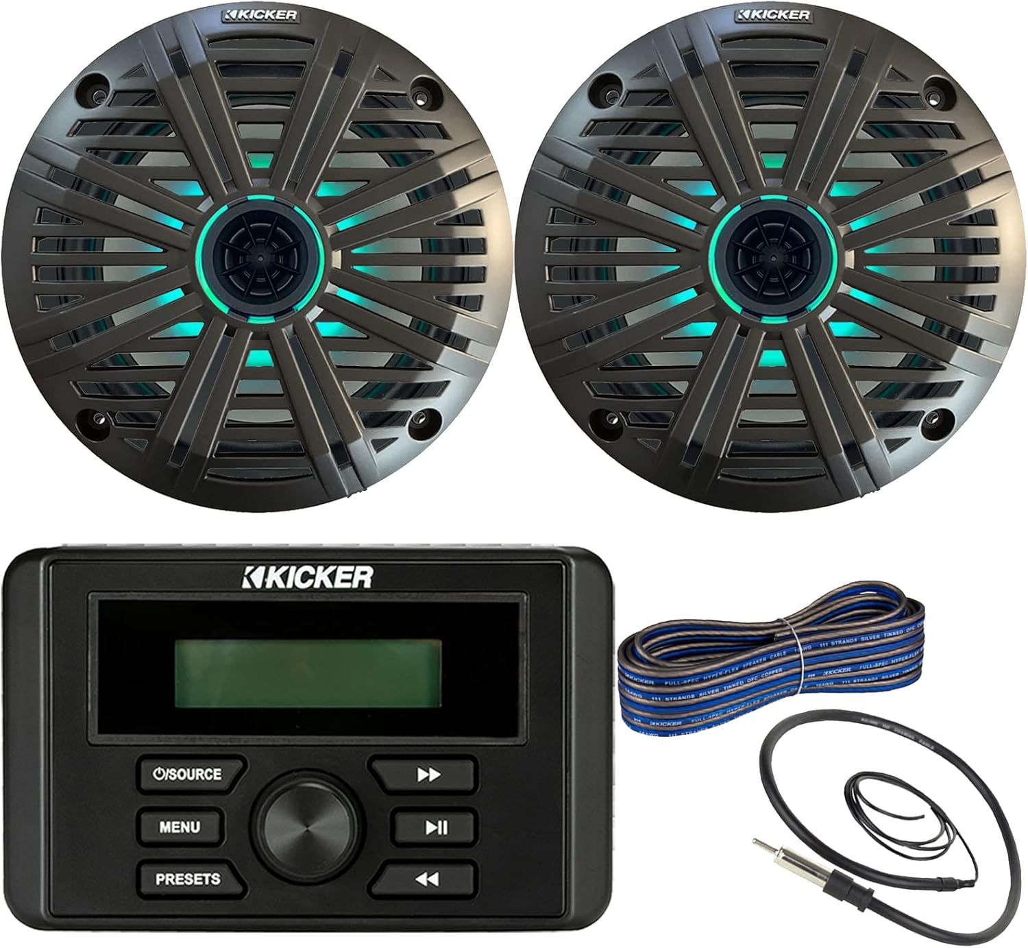 Kicker Weather-Resistant Marine Bluetooth USB RCA Stereo Receiver Bundle Combo with (QTY 2) 6.5