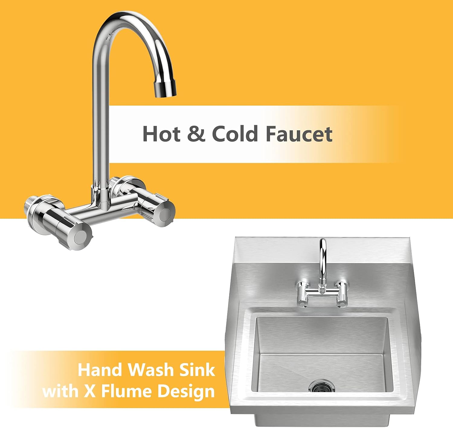 VINGLI Commercial Hand Wash Sink Stainless Steel Bar/Prep with Side Splash Guard, Wall Mount Utility Sink with Faucet, Heavy Duty Washing Basin for Restaurant, Home Kitchen 17W x 15D x 14H