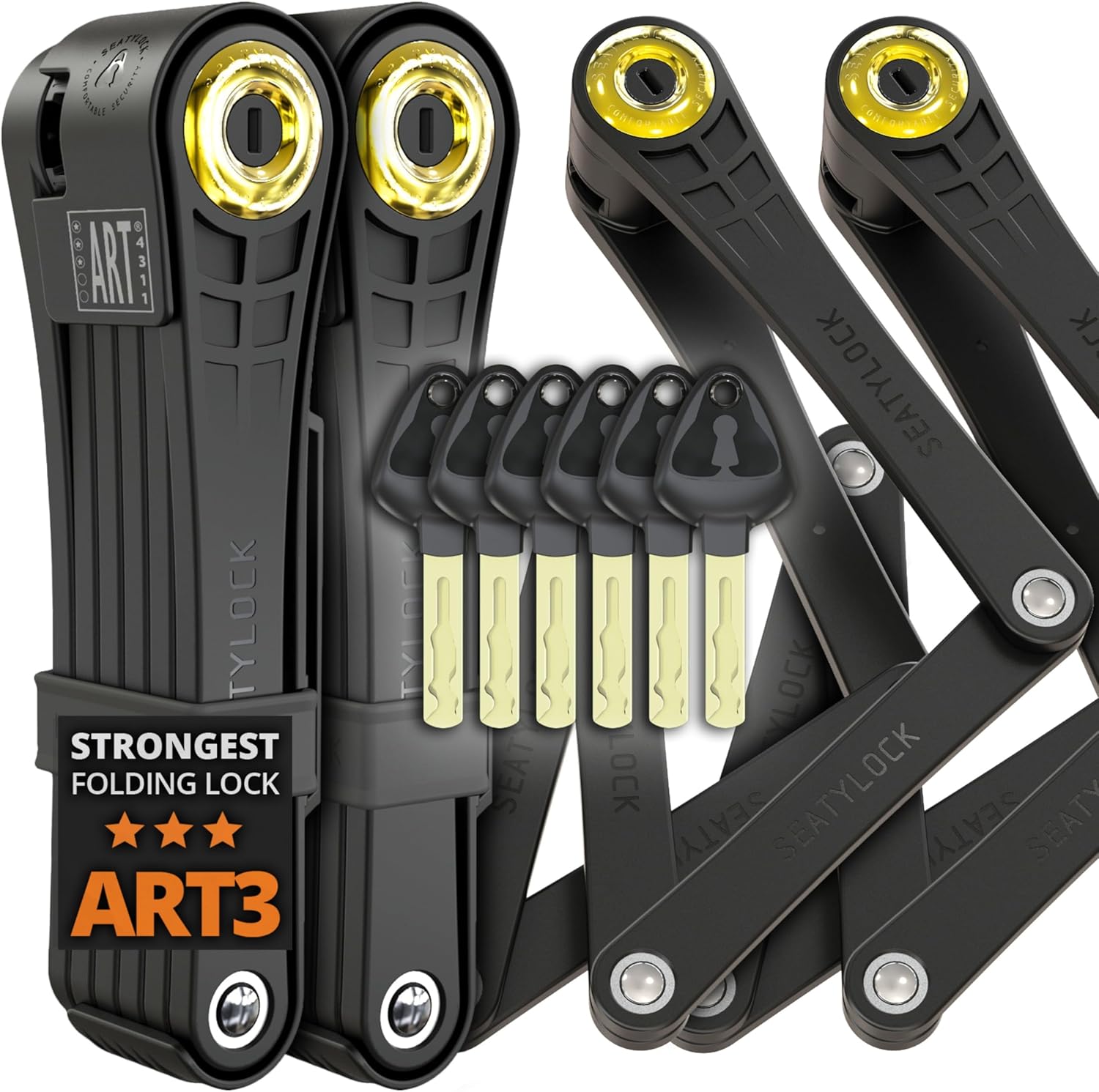 Seatylock Foldylock Elite Folding Bike Lock Set - Patented 2 Matching Bicycle Locks with 6 Identical Keys - 18/18 Heavy Duty Anti Theft Secure Guard with Keys & Case Mount - 43.3