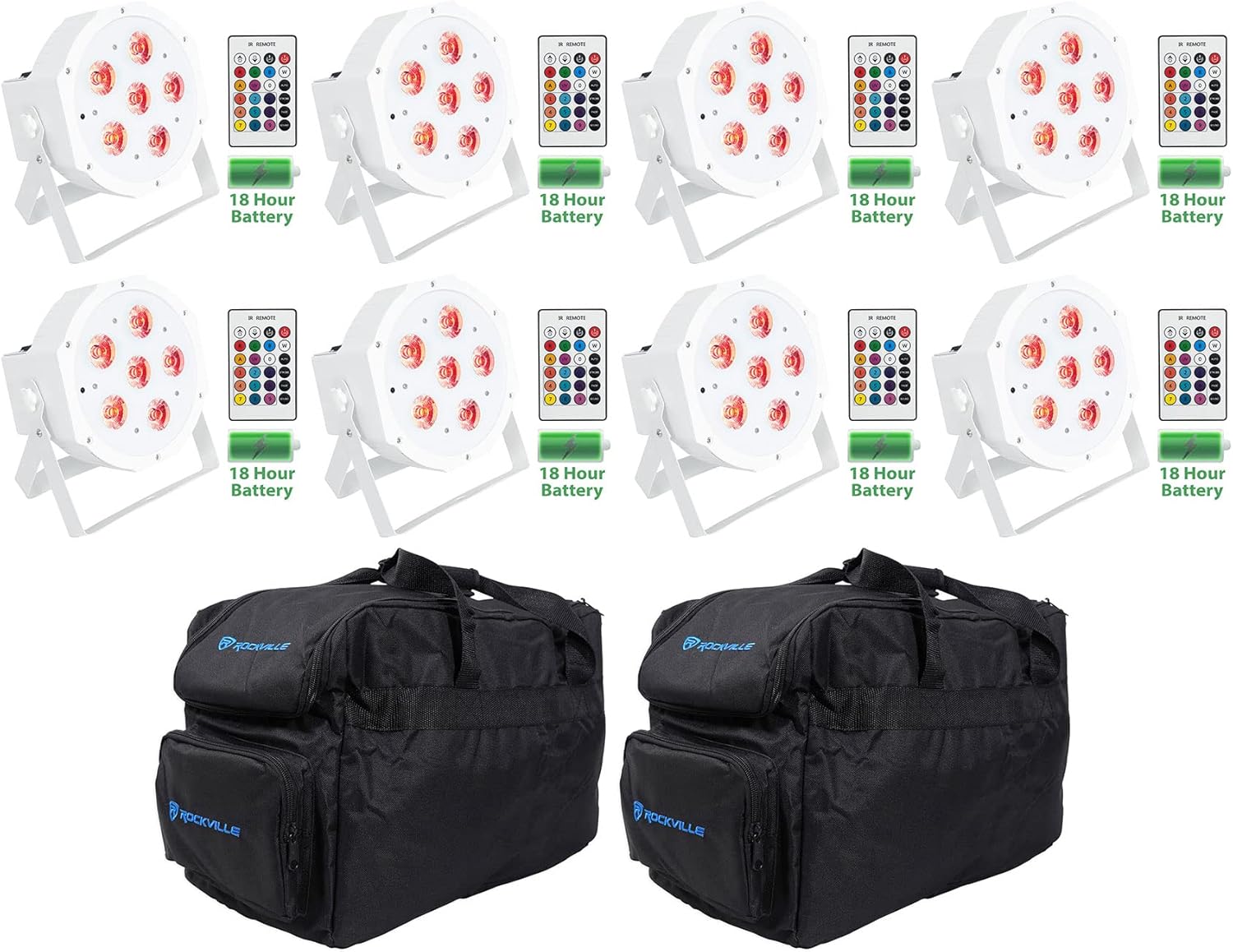 (8) Rockville Battery PAR 61 White Rechargeable RGBWA+UV DMX Lights+Remotes+Bags