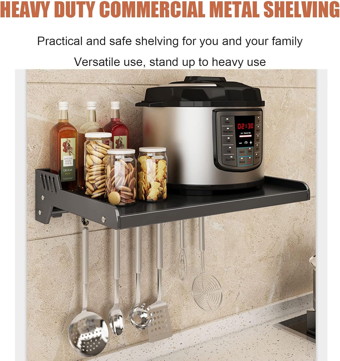 Commercial/Household Wall Mount Bracket Metal Shelving, Kitchen Spice Rack Microwave Oven Shelf with Hooks, Multifunctional Storage Stand Holder, Bathroom Organizer Shower Caddy Storage