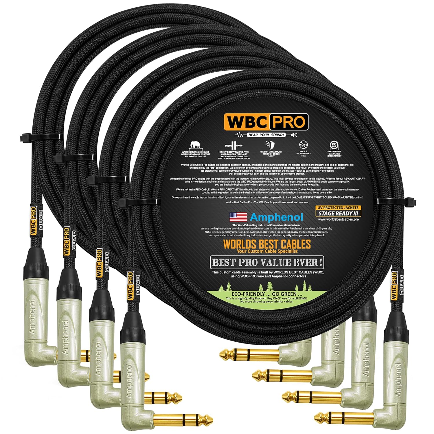 4 Units - 8 Foot - WBC-PRO-Quad Ultra-Silent Ultra-Flexible Balanced Star-Quad Cable with Amphenol QS3R-AU ¼ Inch (6.35mm) Gold Right-Angled TRS Stereo Phone Plugs & Black Tweed Jacket