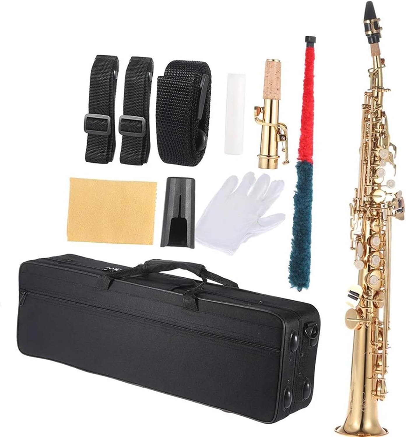 Brass Straight Treble Sax Saxophone Bb B Flat Woodwind Instrument Natural Key Carve Pattern With Carrying Case (Color : Gold)