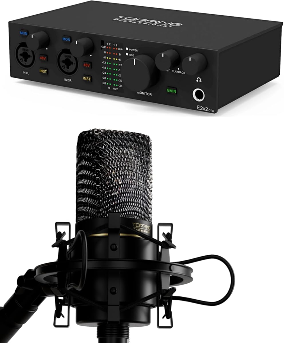 TOPPING E2X2 OTG Audio Interface & CL101 Condenser Microphone Bundle – Studio Recording Kit with 48V Phantom Power, Ultra-Low Noise, Zero-Latency Monitoring(Black))