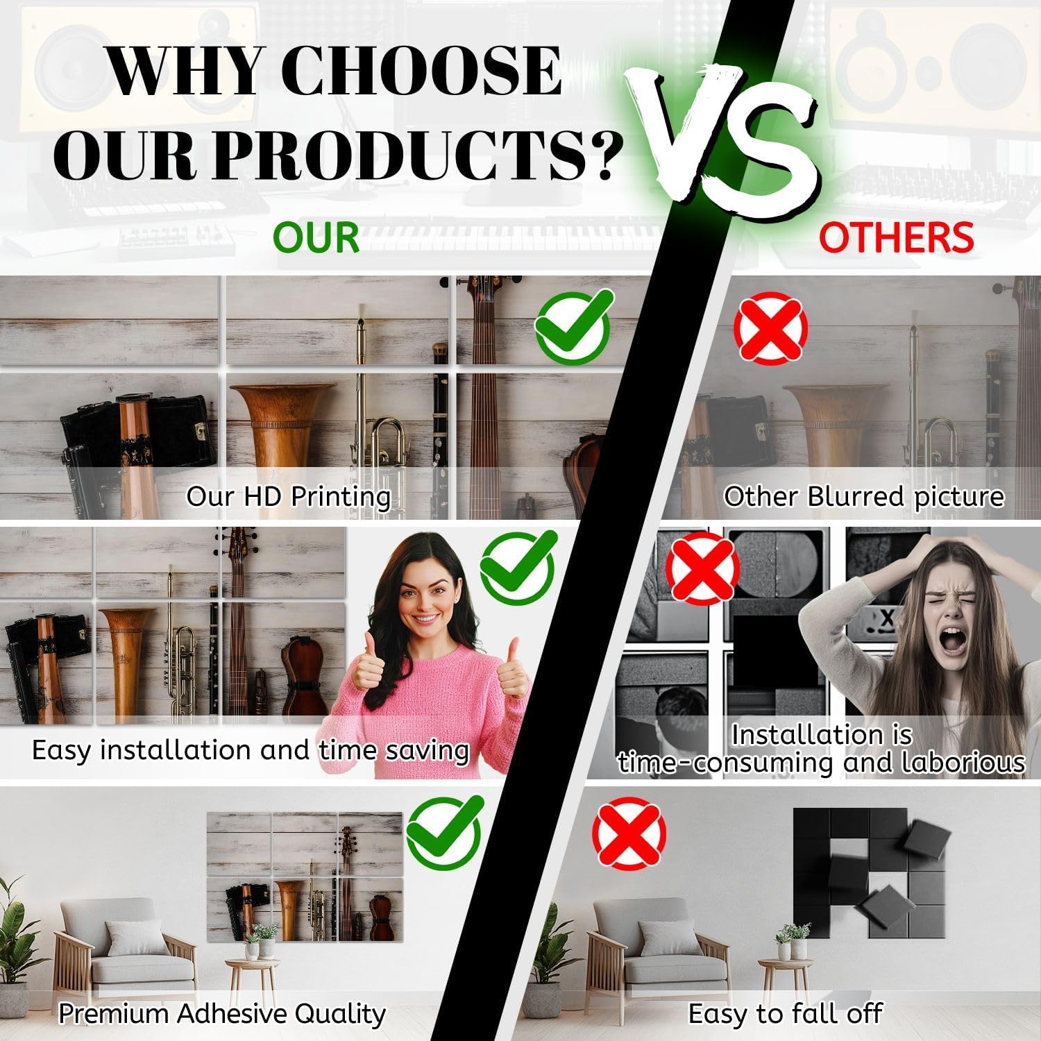 6 Pack Art Acoustic Panels instruments white wooden Sound Absorbing Panel 48