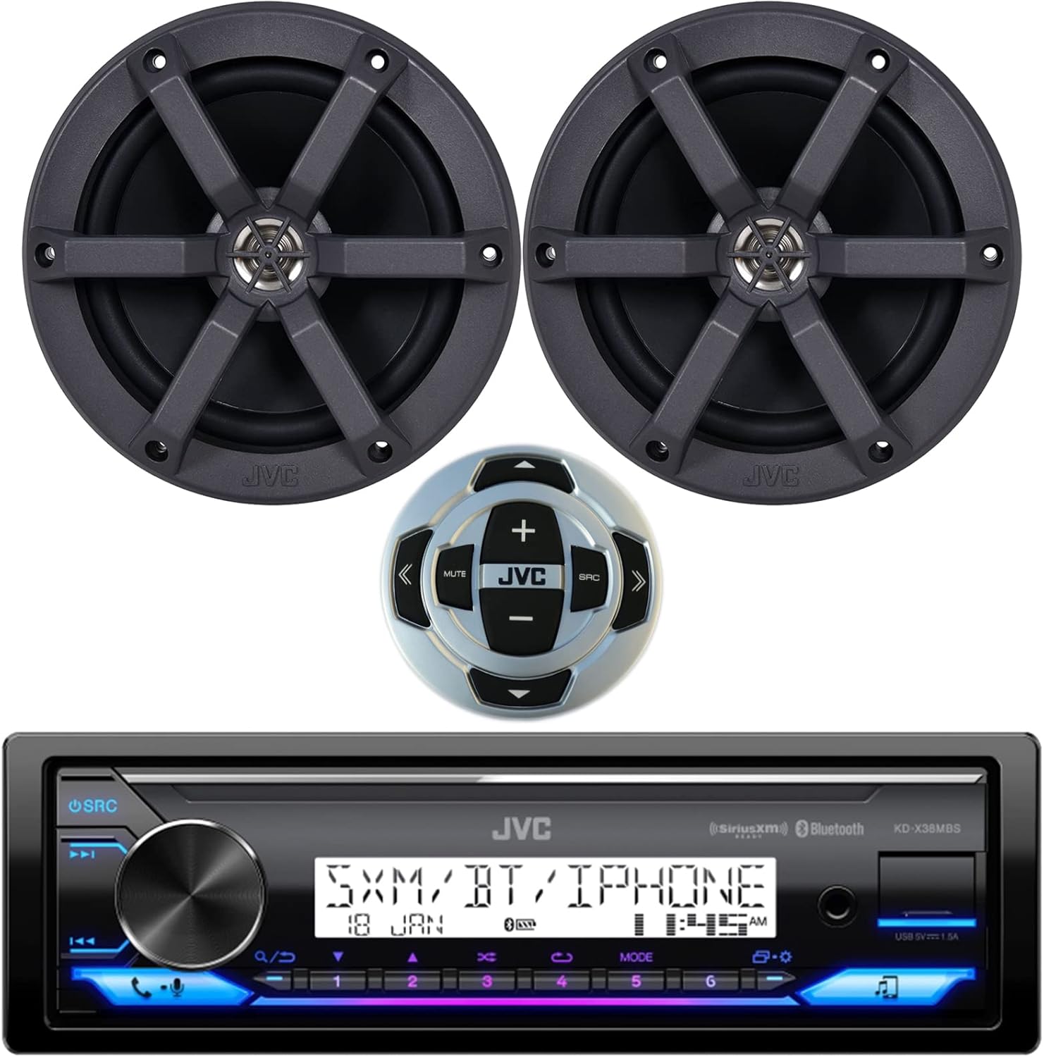 JVC KD-X38MBS Single DIN Marine MotorSports Bluetooth USB AUX AM/FM Radio Stereo Receiver Bundle Combo with 2x 6.5