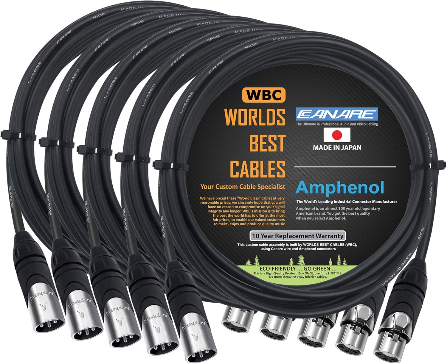 5 Units - 12 Foot - Canare L-4E6S, Star Quad Balanced Male To Female Microphone Cables With Amphenol AX3M & AX3F Silver XLR Connectors - CUSTOM MADE By WORLDS BEST CABLES