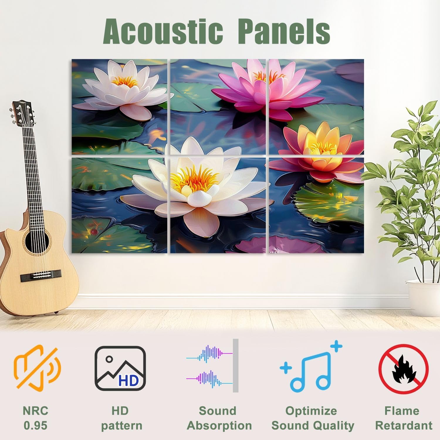 6 Pack Art Acoustic Panels Sound Absorbing Watercolor Lotus Blooming Flower Zen Decor Water Lilies Leaves Decorative Soundproof Wall Panels Self Adhesive for Recording Studios Office 72