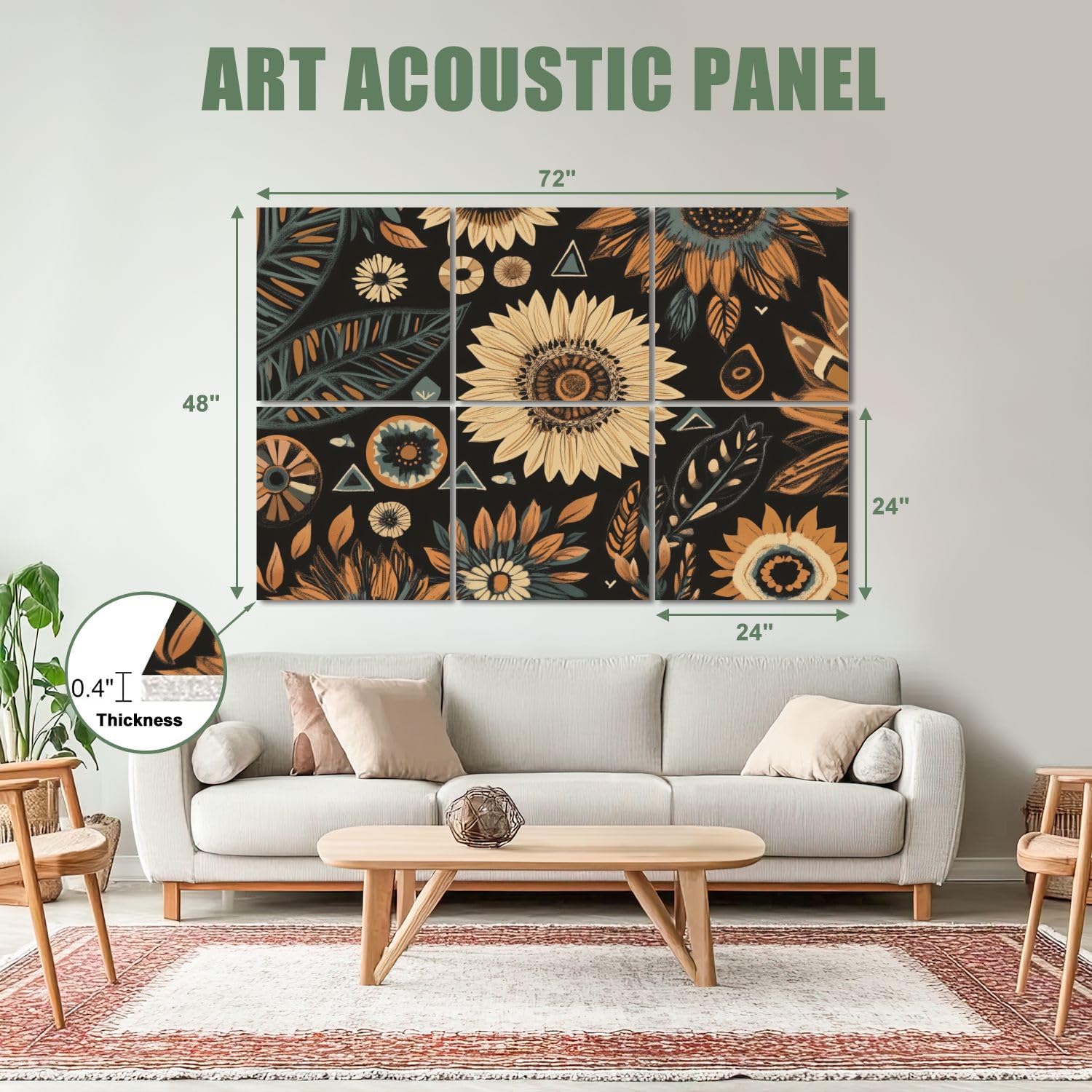 6 Pack Art Acoustic Panels Sound Absorbing Floral Boho Brown Peachpuff Green Retro Sunflowers Leaves Geometric Decorative Soundproof Wall Panels Self Adhesive for Recording Studios Office 72