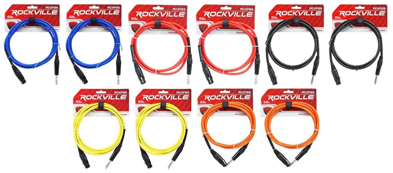 10 Rockville 6' Female Rean XLR to 1/4'' TRS Cables (5 Colors x 2 of Each)