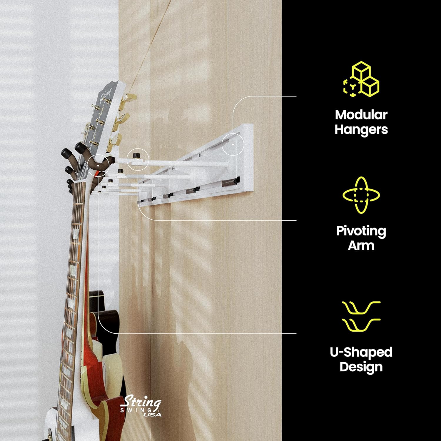 String Swing Guitar Wall Rack, Multiple Guitar Wall Mount, Guitar Organizer for Acoustic & Electric Guitars, 5 Padded Arm Hangers & White Slatwall Rail, Wall Mount Guitar Rack - MADE IN USA