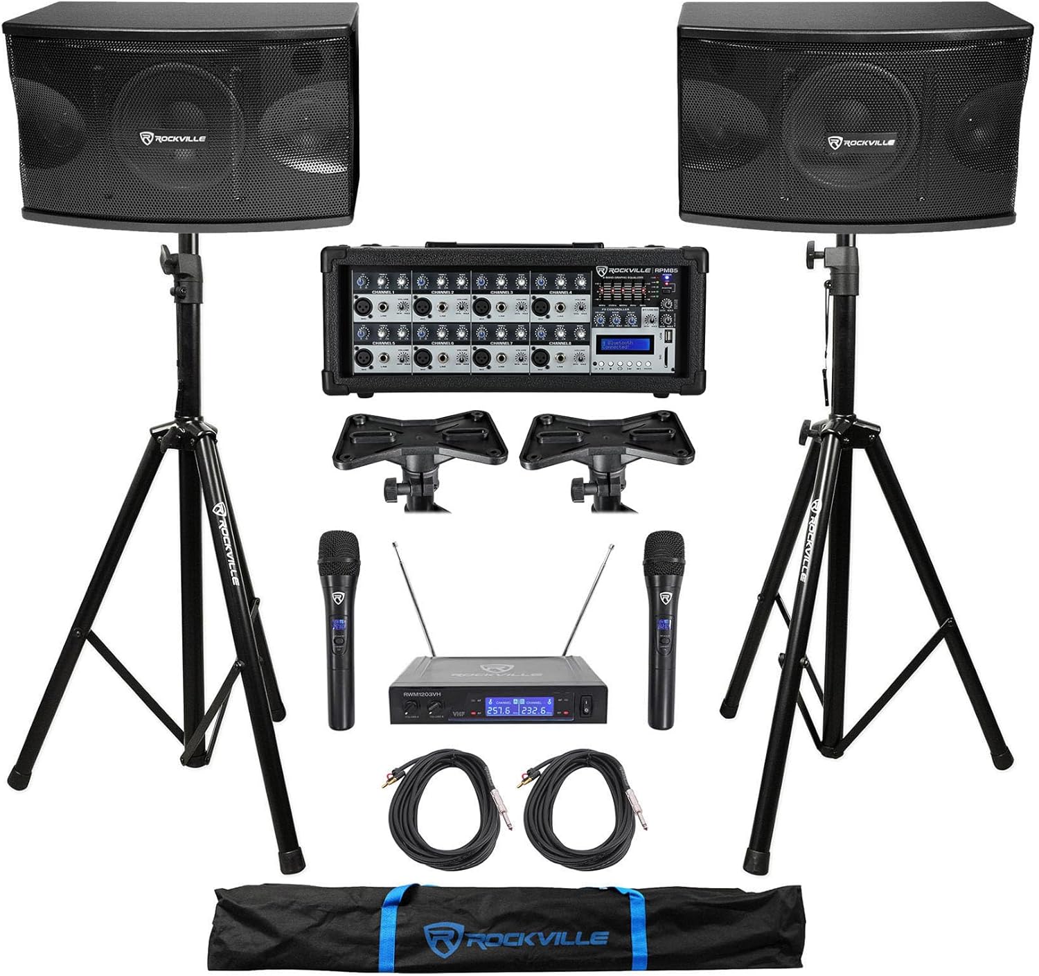 Rockville KPS80 Bundle: (2) 8 in 3-Way 800-Watt Karaoke Pro Speakers, RCXBN20 20 ft TS to Banana Cables, RPM85 8 Channel Mixer, 2 Tripod Stands with Adapters, RWM1203VH Dual Mic System, 10-Items