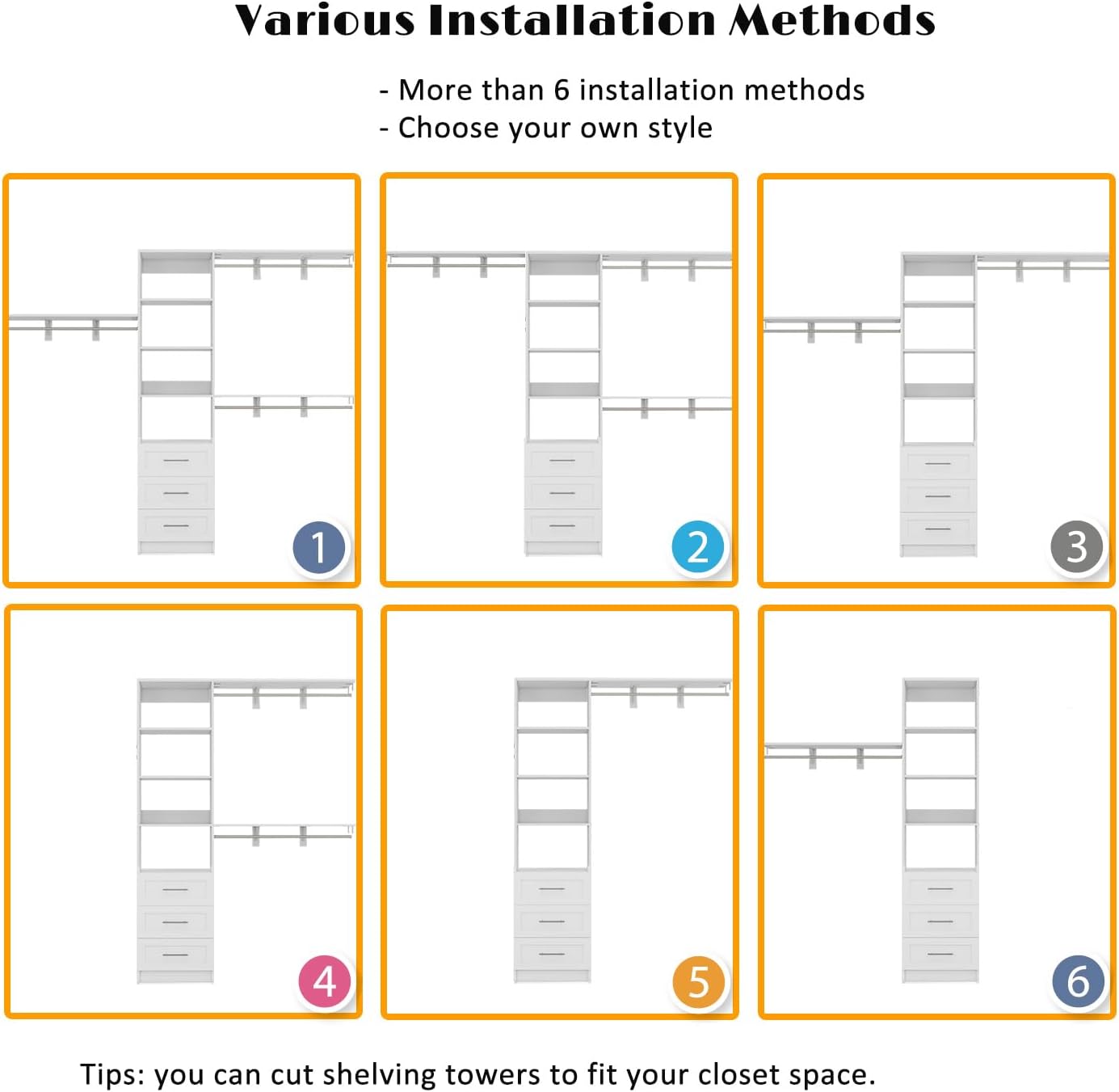 Dilando Closet Organizer System with Drawers, 8FT Closet Shelving System 96