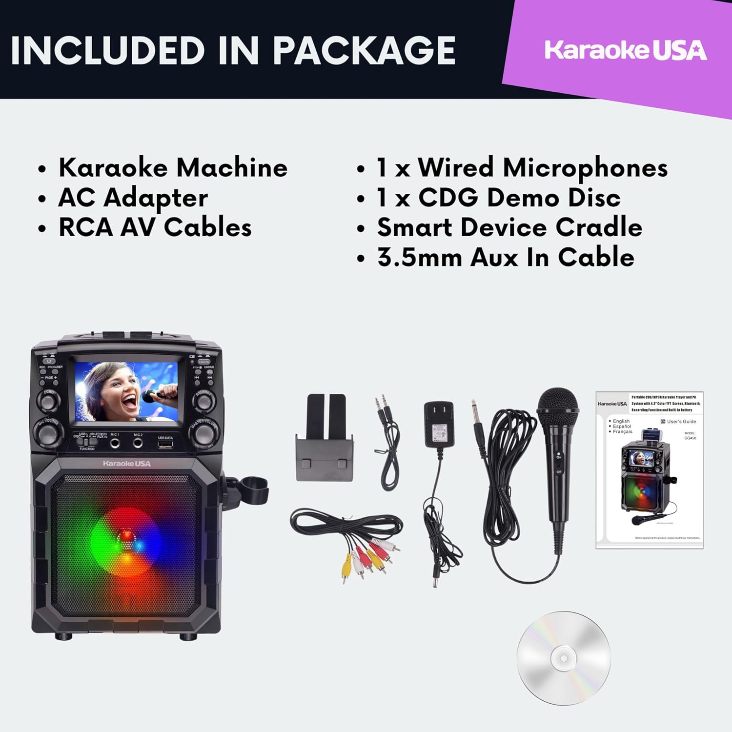 Portable Karaoke Machine with Lyrics Display | Color Screen | CD+G, MP3+G & USB MP3 | Wireless Bluetooth Speaker with Built-in Rechargeable Battery and LED Flashing Lights | Includes Wired Microphone