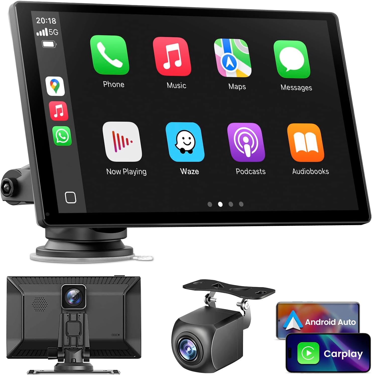 Wireless Carplay Screen for Car: CarPlay & Android Auto Portable Car Play Screen with 4K Dash Cam, 1080P Backup Camera, GPS Navigation/Mirror Link/AirPlay/Voice Control/Bluetooth - 9 Inch