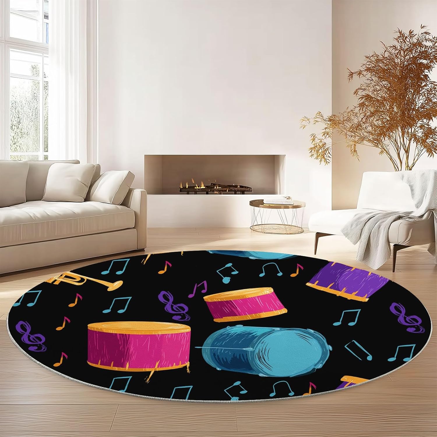 Round Printed Rug 5 ft Washable Circle Rug, Cartoon Musical Notes Drums Machine Washable Area Rugs, Black Non-Slip Low Pile Carpets for Kids Room Dining Room Entrance Bedside Mats Floor Decor