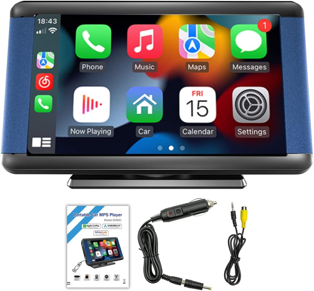 Eaglerich Wireless Carplay & Android Auto Portable Carplay Screen 7Inch Touch Screen Car Stereo Receiver Mirror Link Type C Bluetooth5.0 FM/TF/USB/AUX Built-in Speaker Rotated Stereo Audio