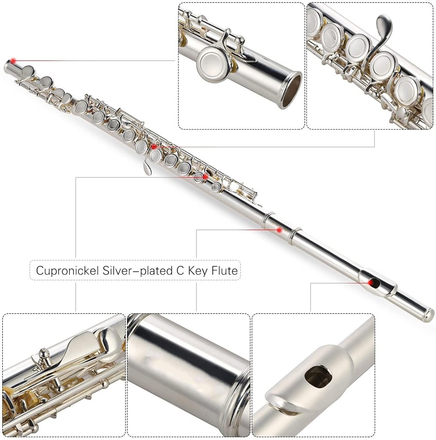 Flute Kit Flute Cupronickel Silver Plated 16 Closed Holes C Key with Case Screwdriver Wind Instruments for Beginner Intermediate Flute