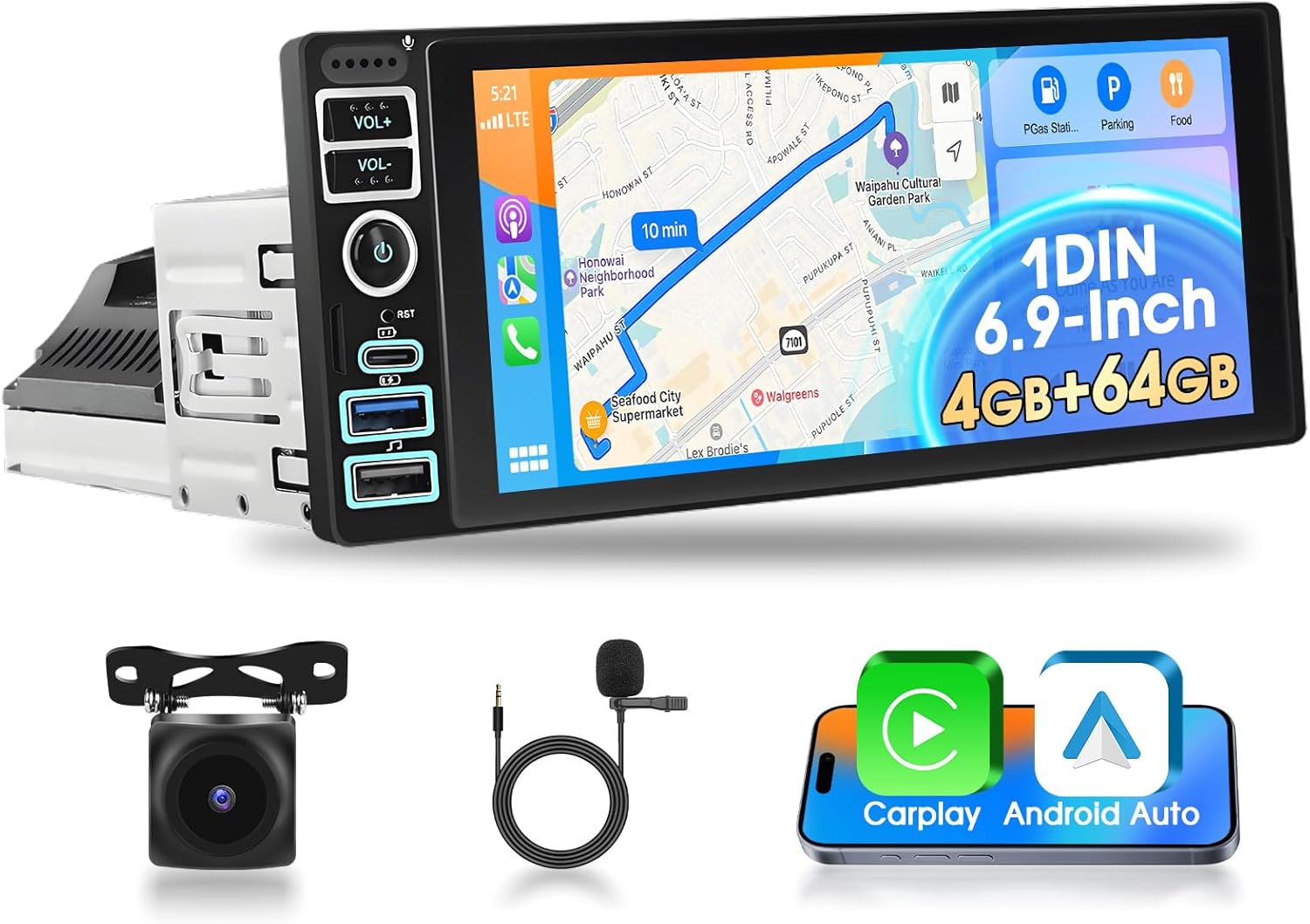 [4+64G] 6.9 Inch Single Din Car Stereo Radio with Wireless CarPlay & Android Auto Touch Screen Bluetooth Audio with GPS Mirror Link WiFi RDS SWC + AHD Backup Camera