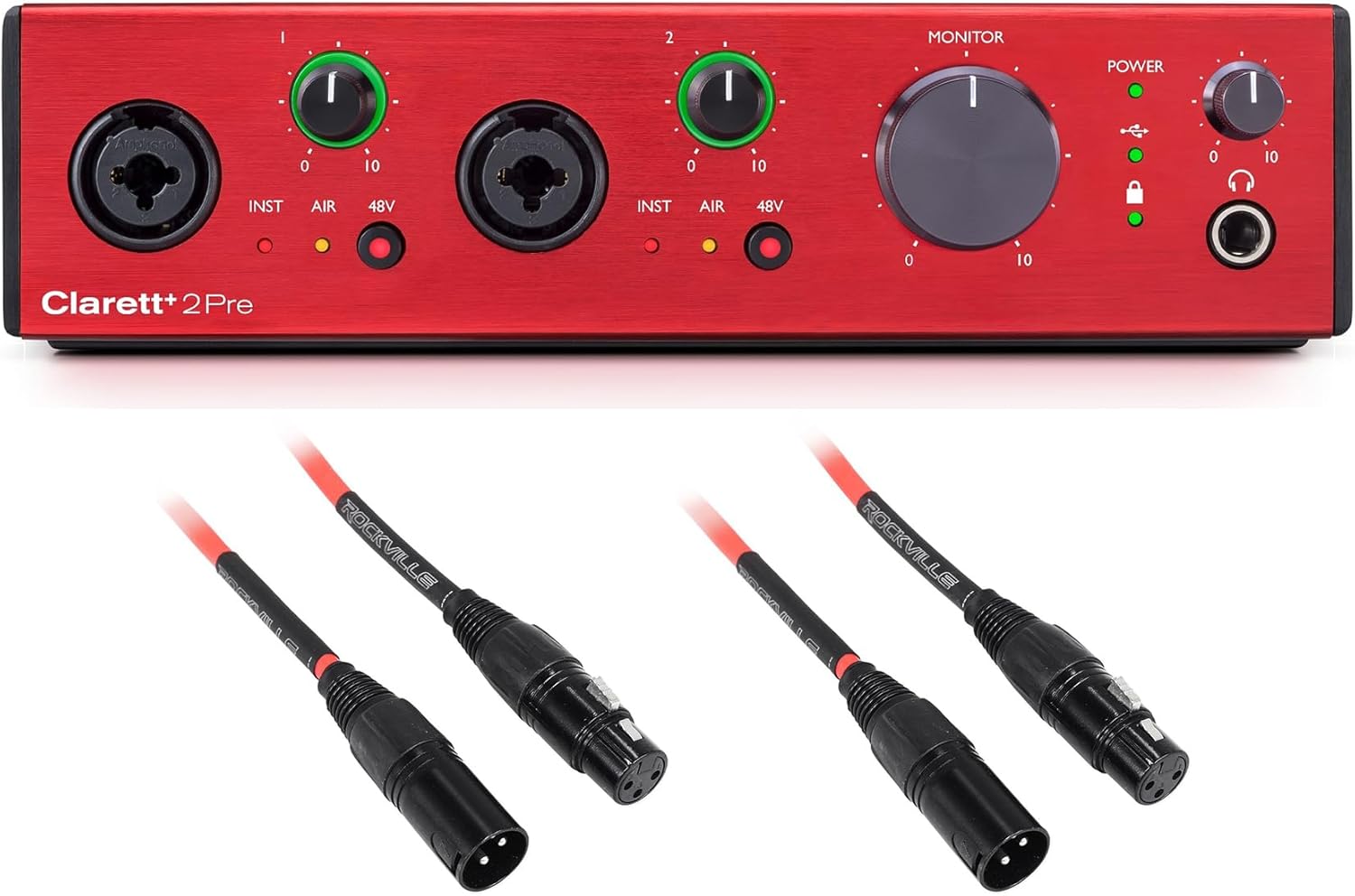 Audiosavings Bundle: (1) Focusrite Clarett+ 2Pre USB-C Audio Recording Interface Bundle with (2) Rockville RCXFM10P-R Red 10' Female to Male REAN XLR Mic/Speaker Cable (3 Items)