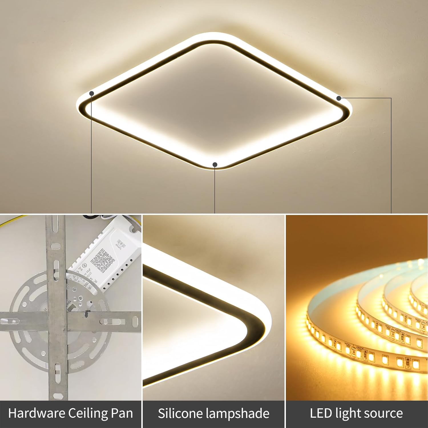 Modern Ceiling Lights，23.6 Inch Flush Mount CeilingLight, Square LED Ceiling Light Fixtures, Thin Modern CeilingLamp, Close to Ceiling Lights for Bedroom, Living Room, 3 Color Temperature Selectable