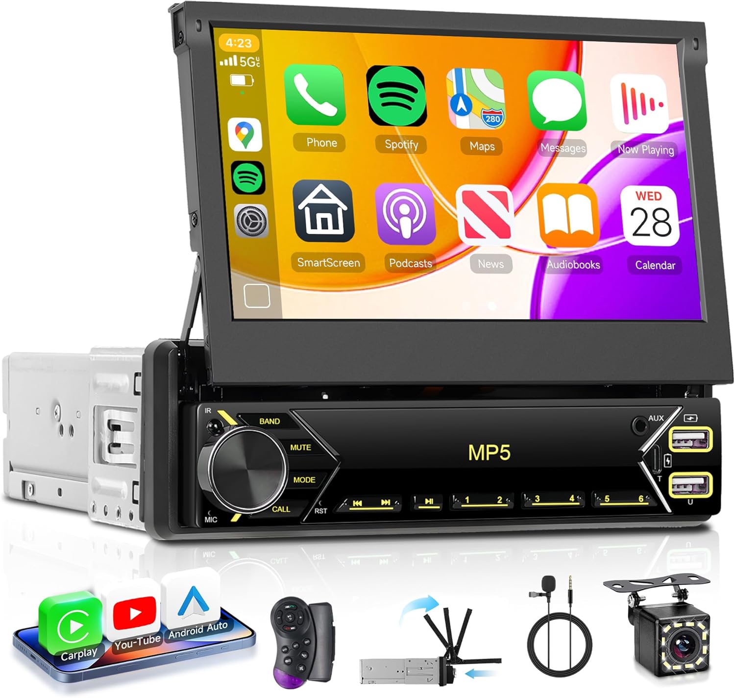 Single Din Wireless Carplay Car Stereo Flip Out Android Auto, Rimoody 7 Inch Touch Screen 1 DIN Car Radio with Bluetooth FM Radio Mirror Link Support TF/USB + Rear View Camera