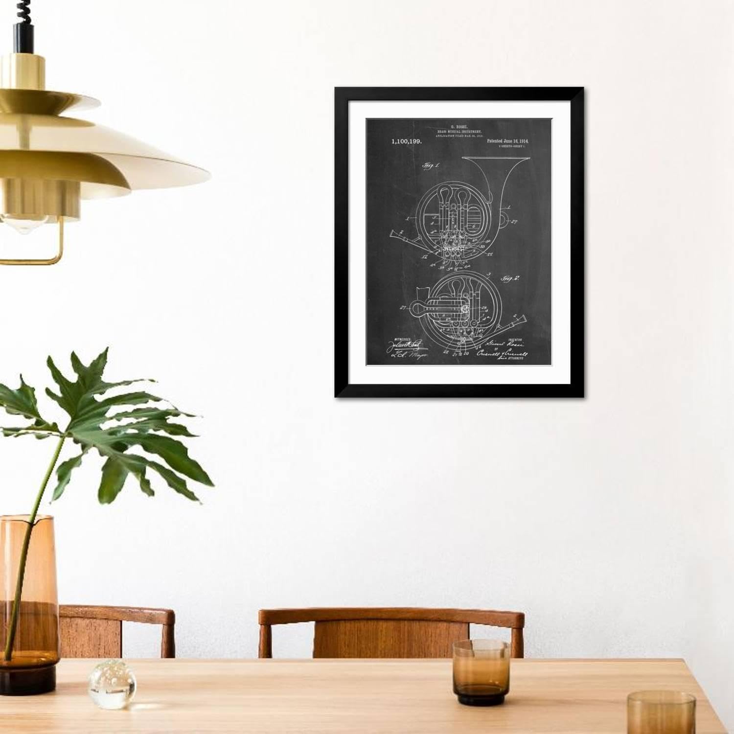 ART.COM Wall Art Print French Horn Instrument Patent on Black Frame, 32