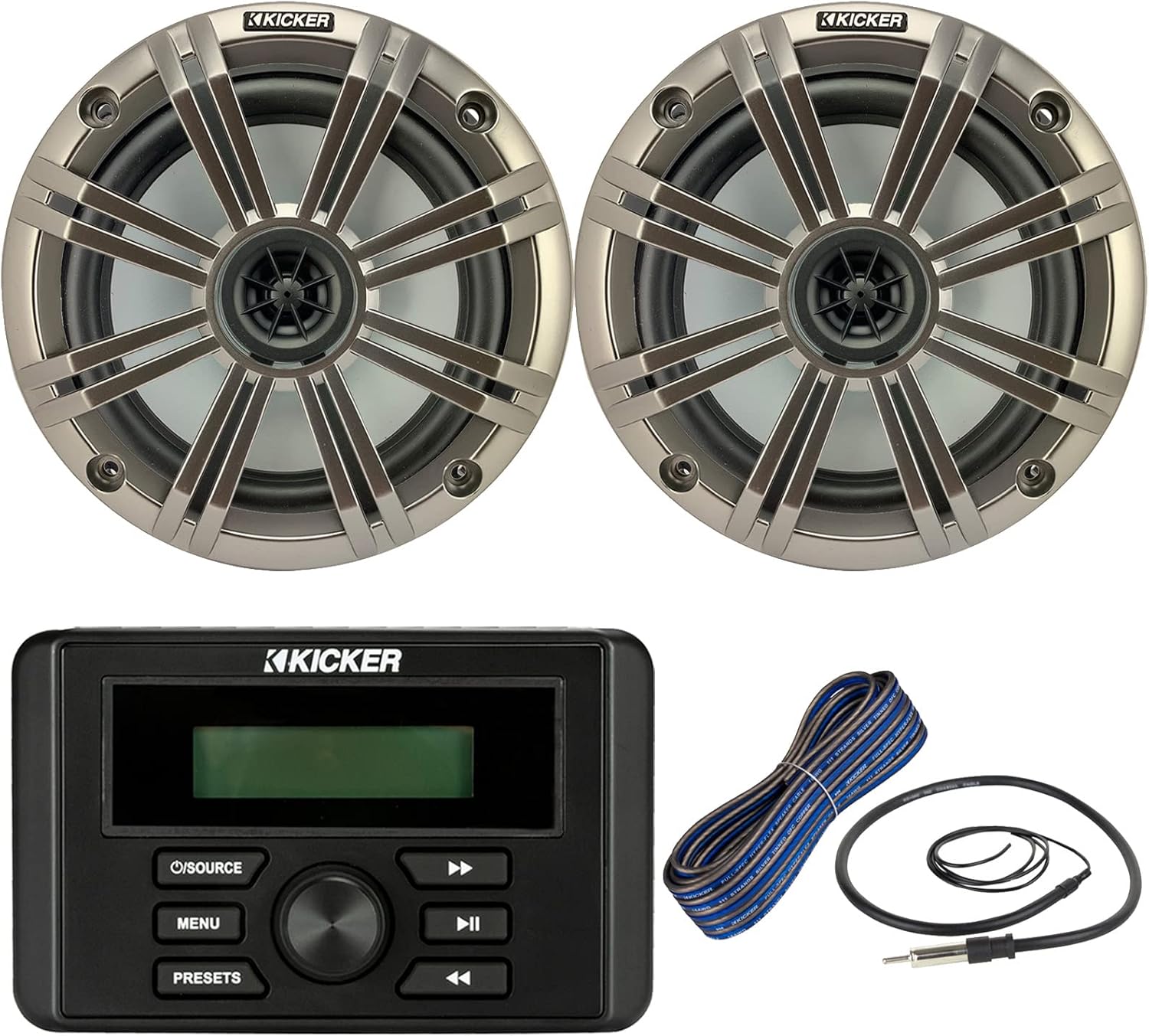 Kicker Weather-Resistant Marine Bluetooth USB RCA Stereo Receiver Bundle Combo with (QTY 2) 6.5