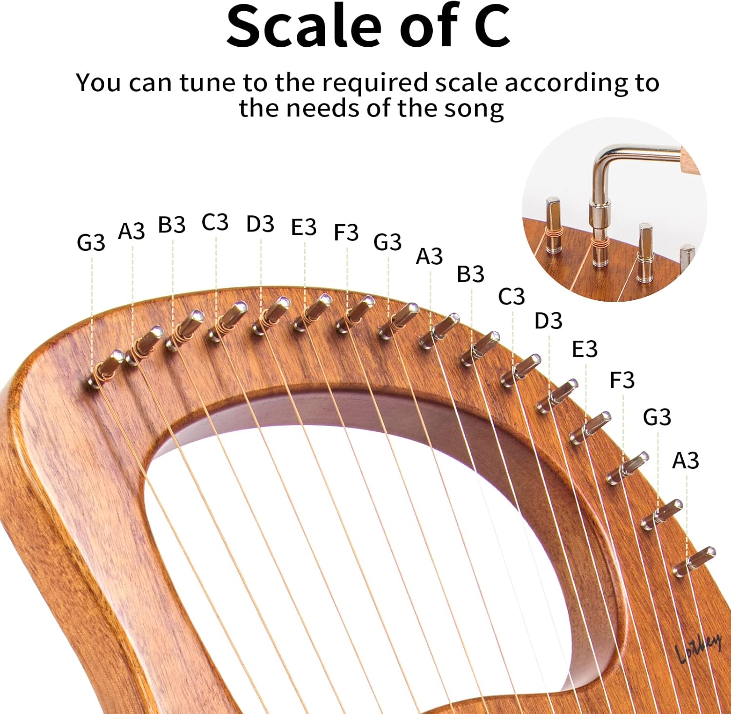 Lyre Harp, Lotkey 16 Metal Strings Iron Saddle Mahogany Lyre Harp with Tunning Wrench, Extract Strings, Manual and Gig Bag