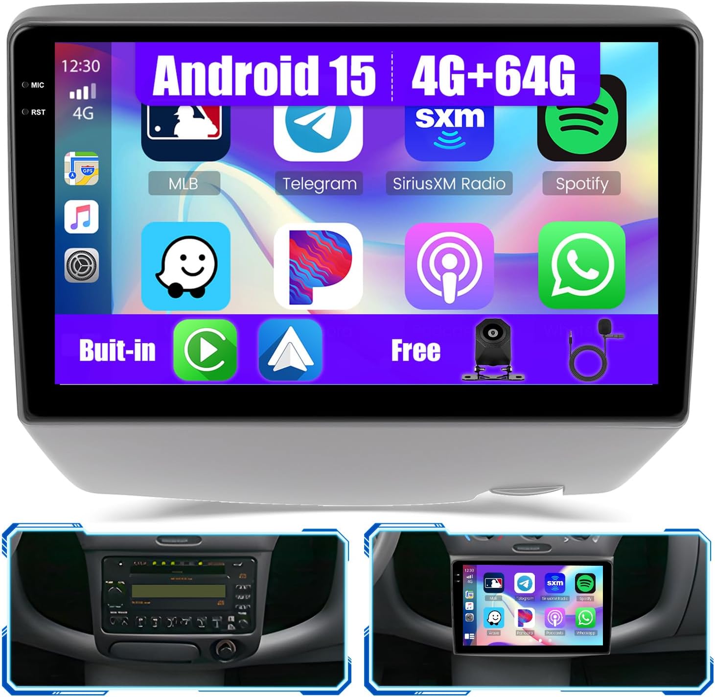 [4+64GB] Android 15 Car Radio for Toyota Yaris 1999-2005/ECHO 2000-2002 with Wireless Carplay/Android Auto, 9 Inch HD Touchscreen Car Stereo with GPS WiFi Bluetooth FM/RDS EQ SWC